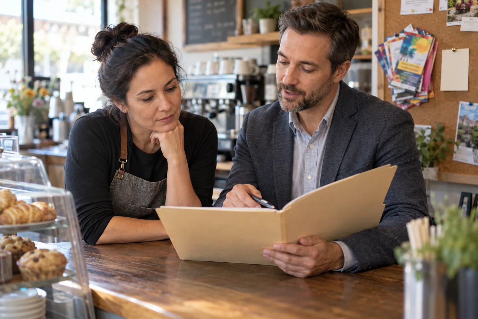 Two professional advisors shaking hands across a comparison chart