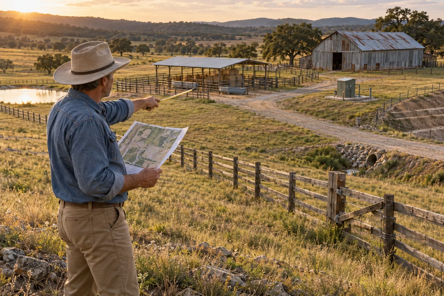 Aerial ranch view showing fenced pastures, wells, barns, and livestock structures