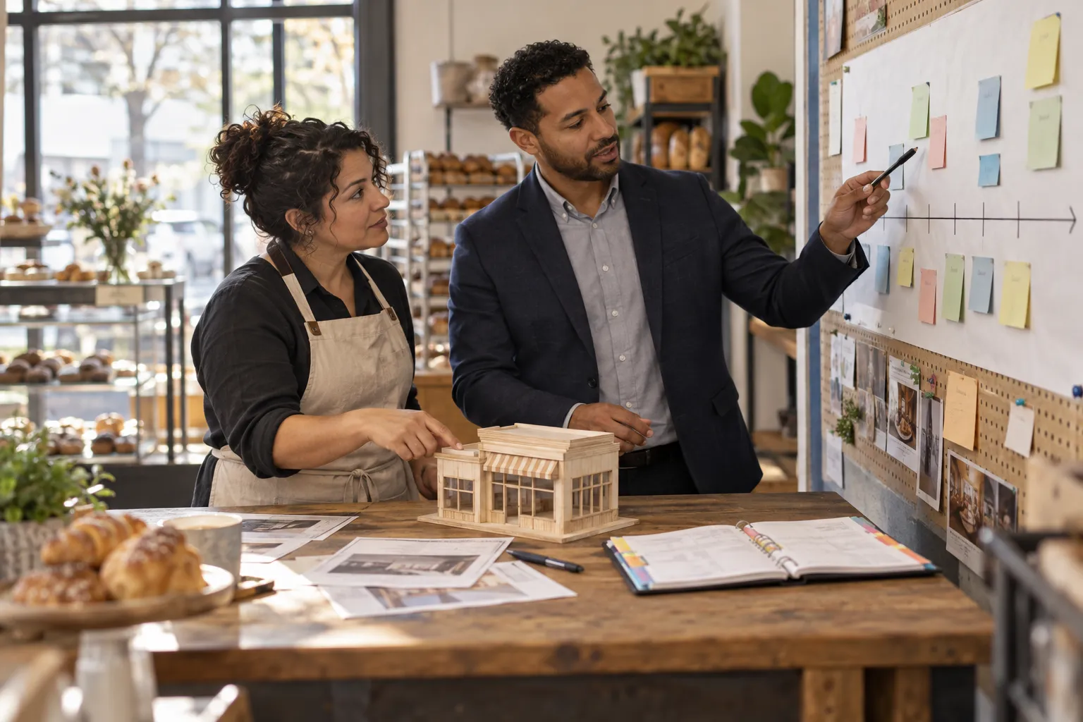 Tax advisor reviewing financial documents with client across office desk