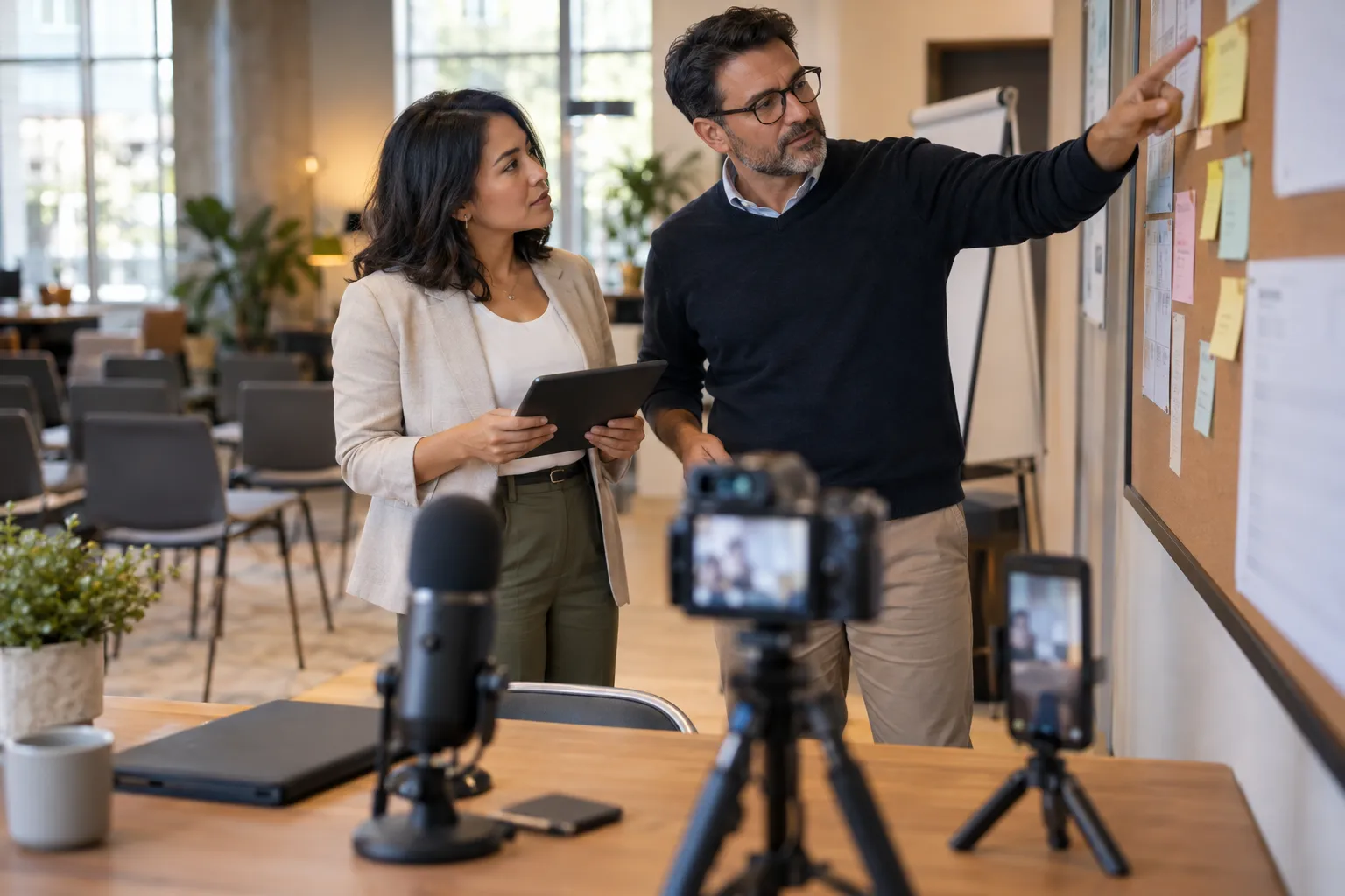 Two business professionals co-hosting a client webinar on laptop screen