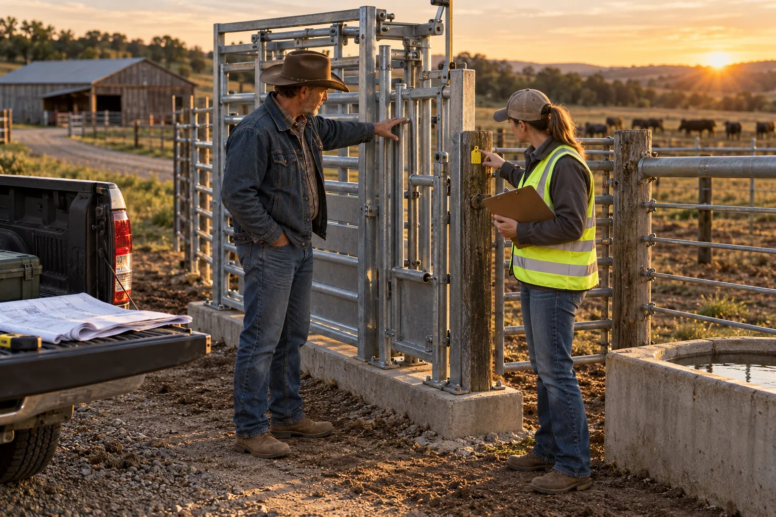 Cattle ranch with new fencing, barn, and feeding equipment under construction