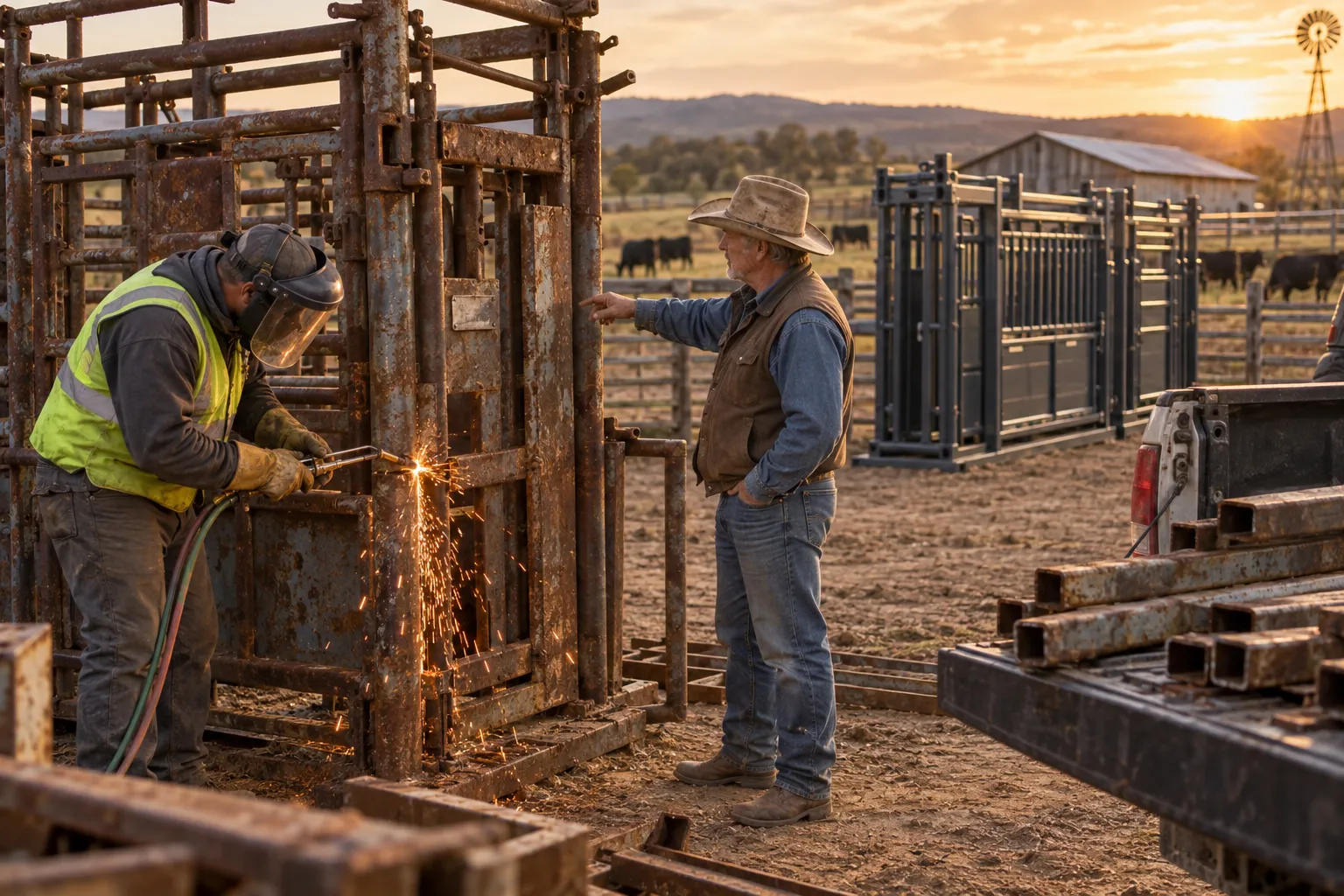 Cattle rancher reviewing tax documents beside grazing herd