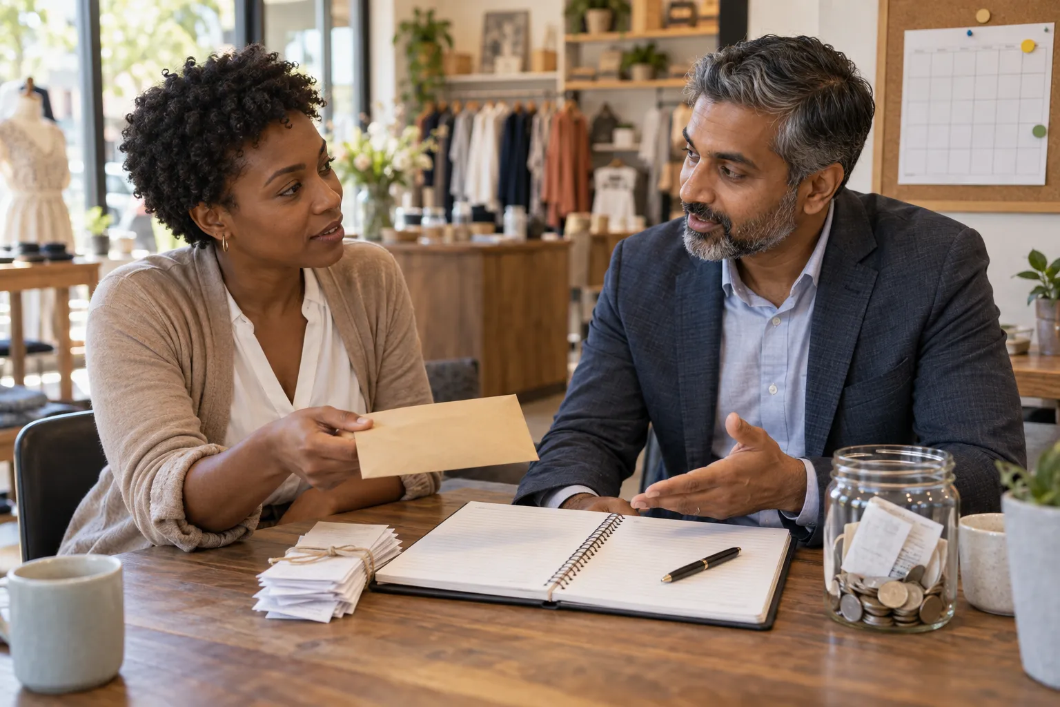 Tax professional comparing payment terms and calculation documents at desk